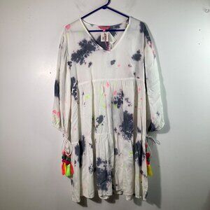 Womens Simply‎ Southern Tie Dyed V Neck Tiered Dress S Tassels NWT